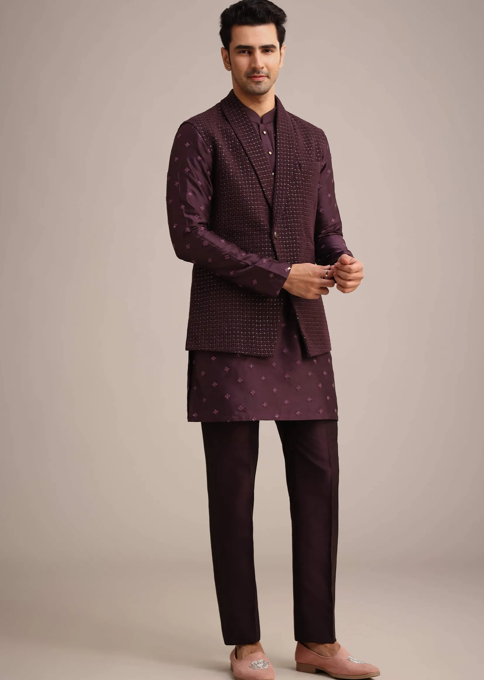 Wine Silk Indo Western And Kurta Set With Salli Work