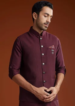 Wine Silk Kurta Jacket Set With Pintucks Detailing