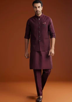 Wine Silk Kurta Jacket Set With Pintucks Detailing
