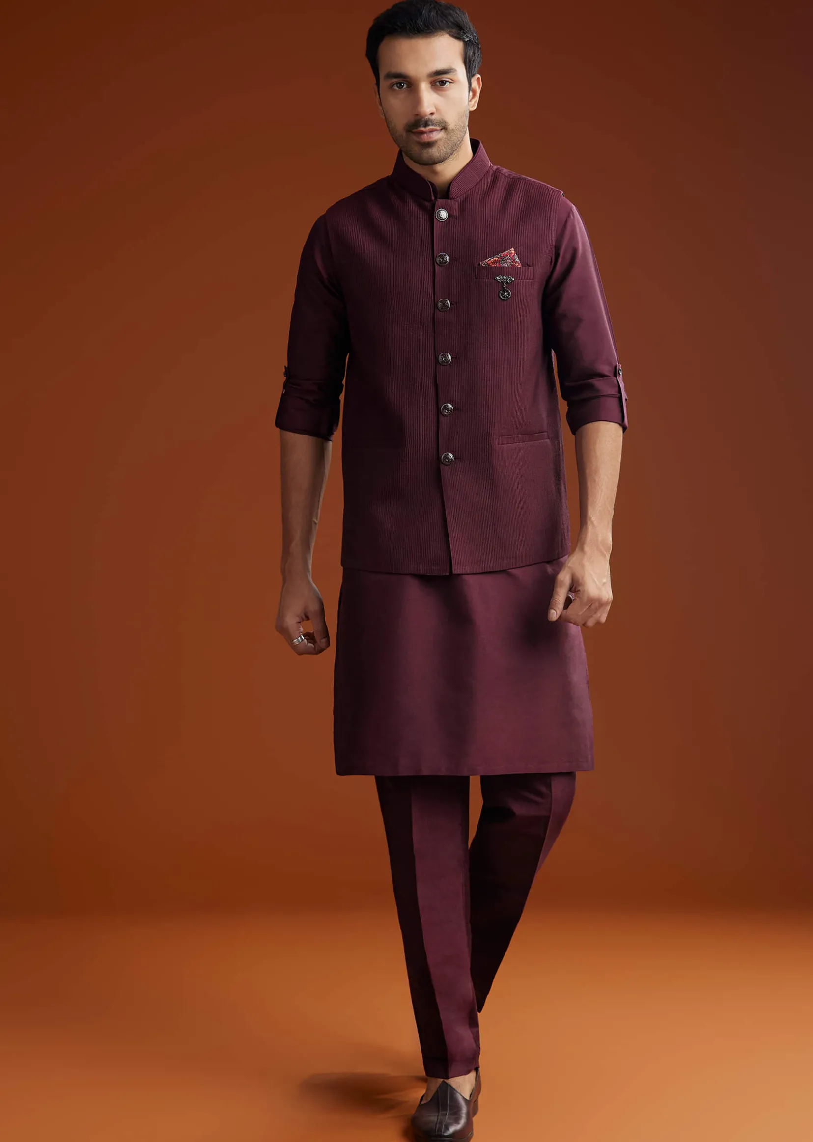 Wine Silk Kurta Jacket Set With Pintucks Detailing