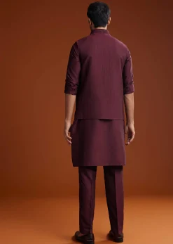Wine Silk Kurta Jacket Set With Pintucks Detailing