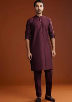 Wine Silk Kurta Jacket Set With Pintucks Detailing