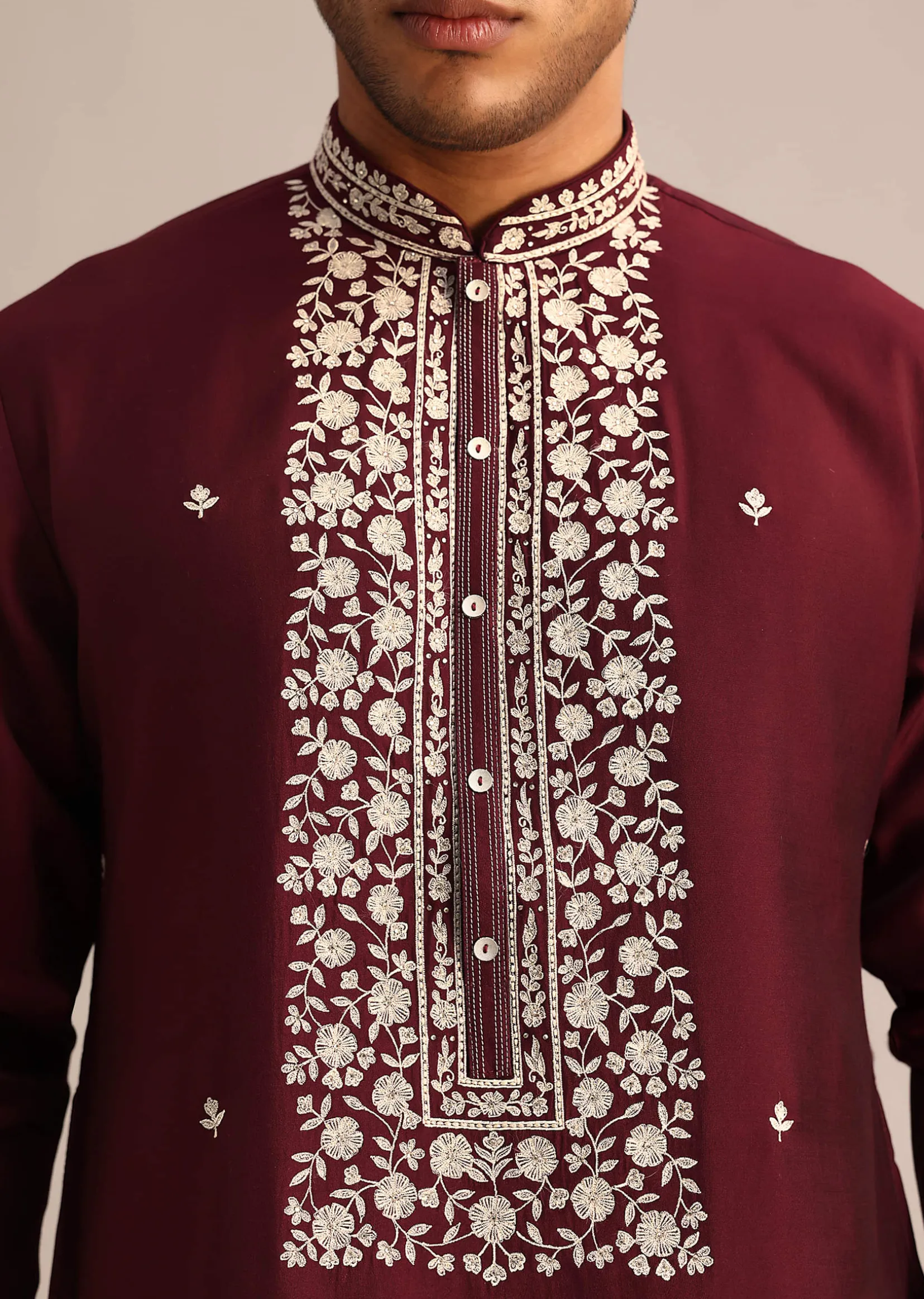 Wine Silk Kurta Set With Hand Embroidered Floral Motifs