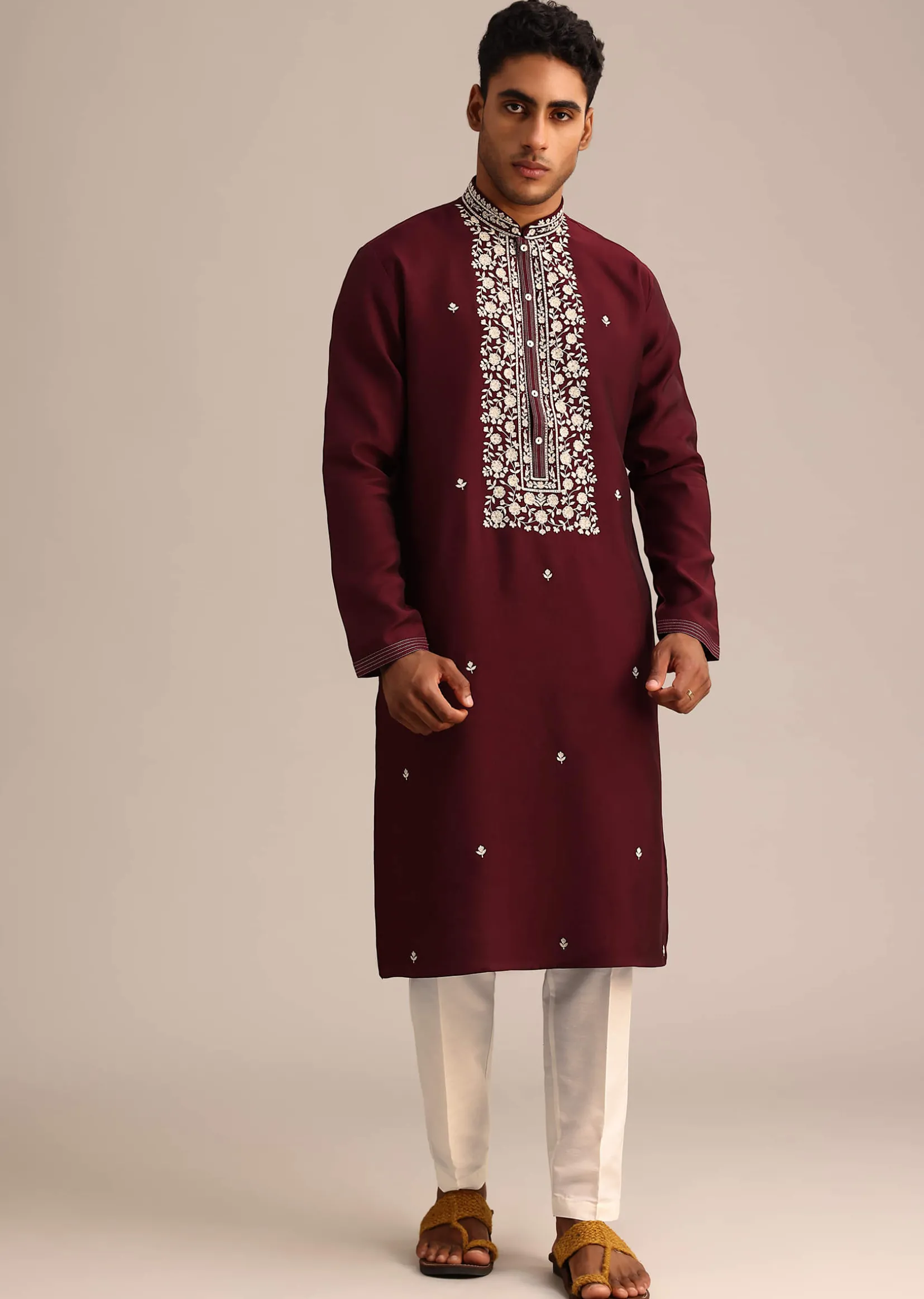 Wine Silk Kurta Set With Hand Embroidered Floral Motifs