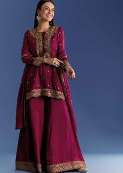 Wine Silk Kurta Set With Zari Palazzo And Butti Dupatta