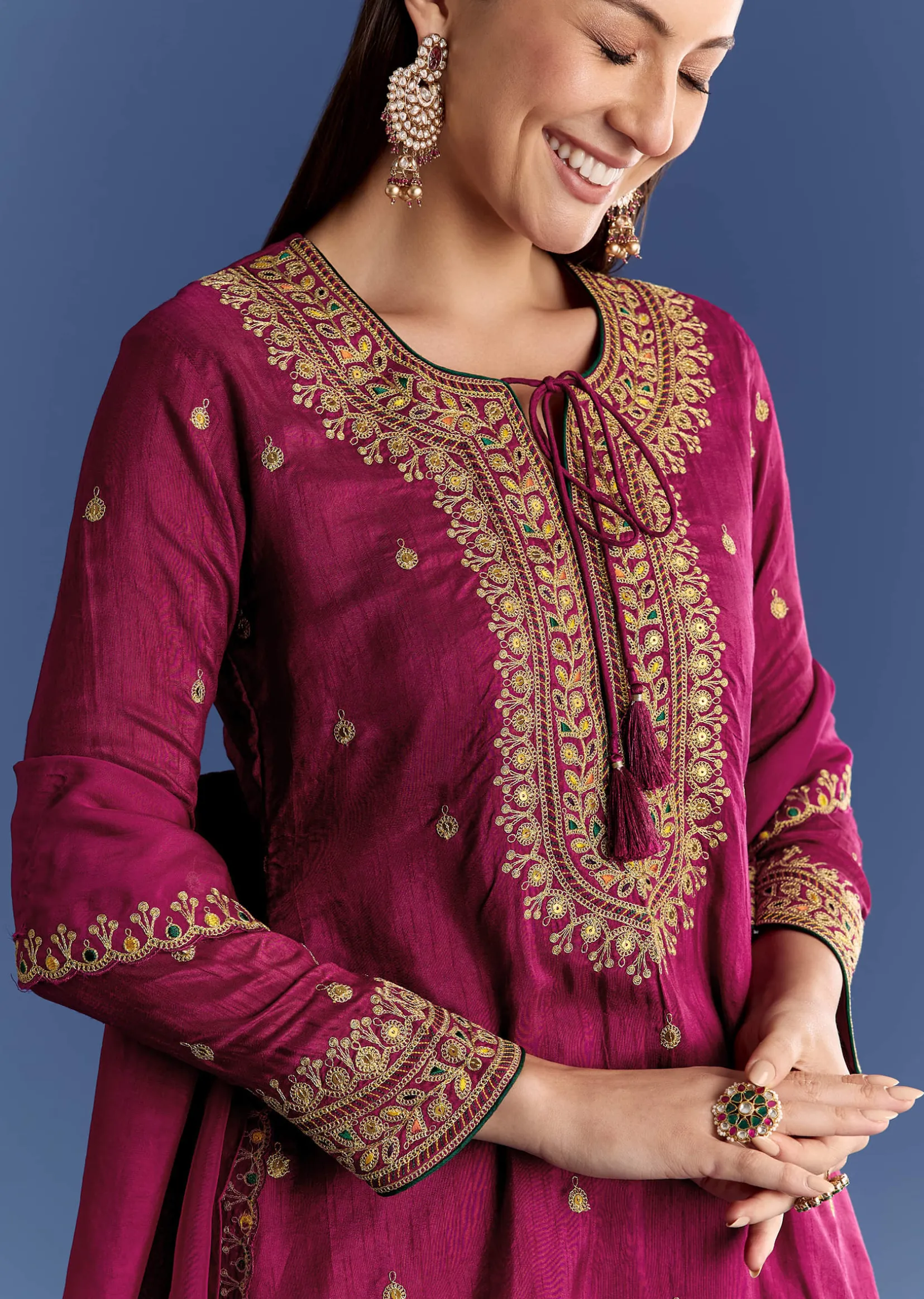 Wine Silk Kurta Set With Zari Palazzo And Butti Dupatta