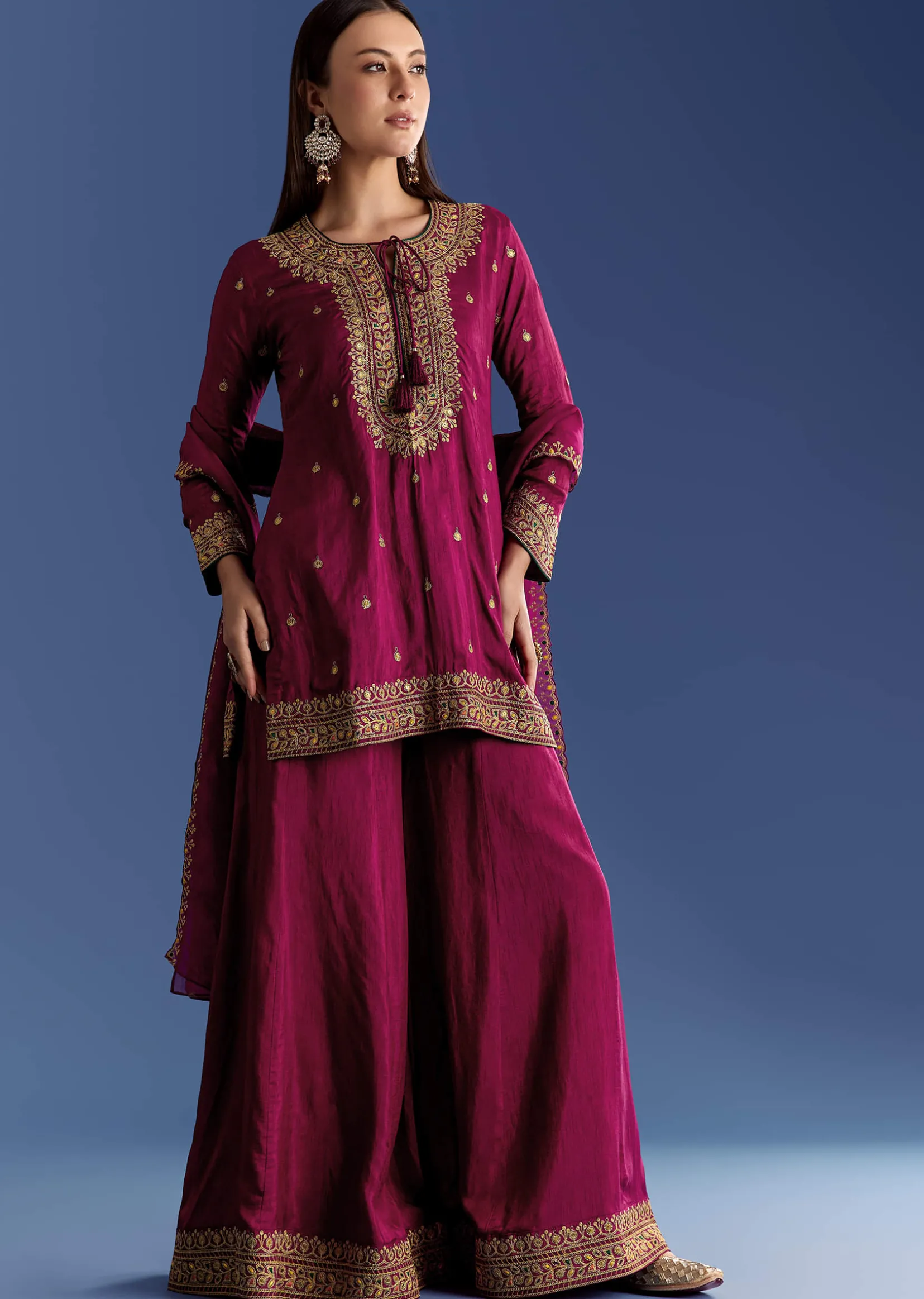 Wine Silk Kurta Set With Zari Palazzo And Butti Dupatta