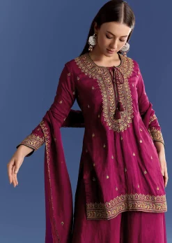 Wine Silk Kurta Set With Zari Palazzo And Butti Dupatta