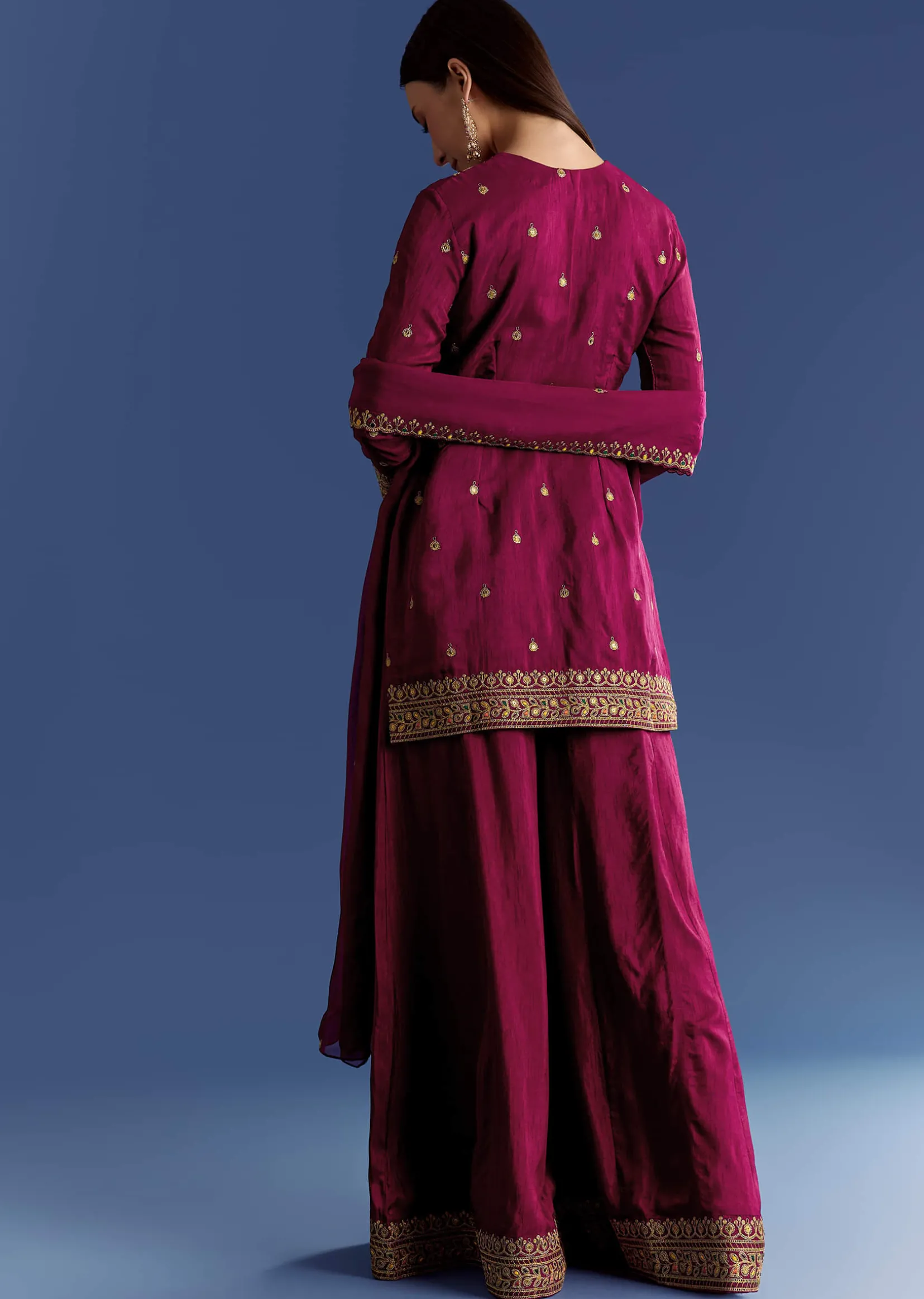 Wine Silk Kurta Set With Zari Palazzo And Butti Dupatta