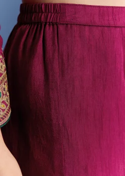 Wine Silk Kurta Set With Zari Palazzo And Butti Dupatta