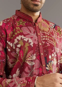 Wine Silk Kurta Set With Stone Embellishment