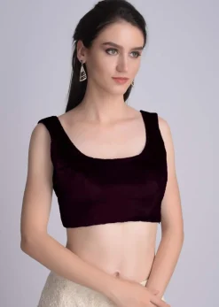 Wine Sleeveless Blouse In Velvet With U Neckline