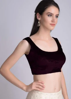 Wine Sleeveless Blouse In Velvet With U Neckline