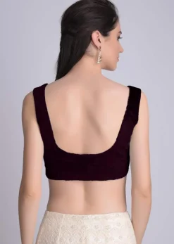 Wine Sleeveless Blouse In Velvet With U Neckline