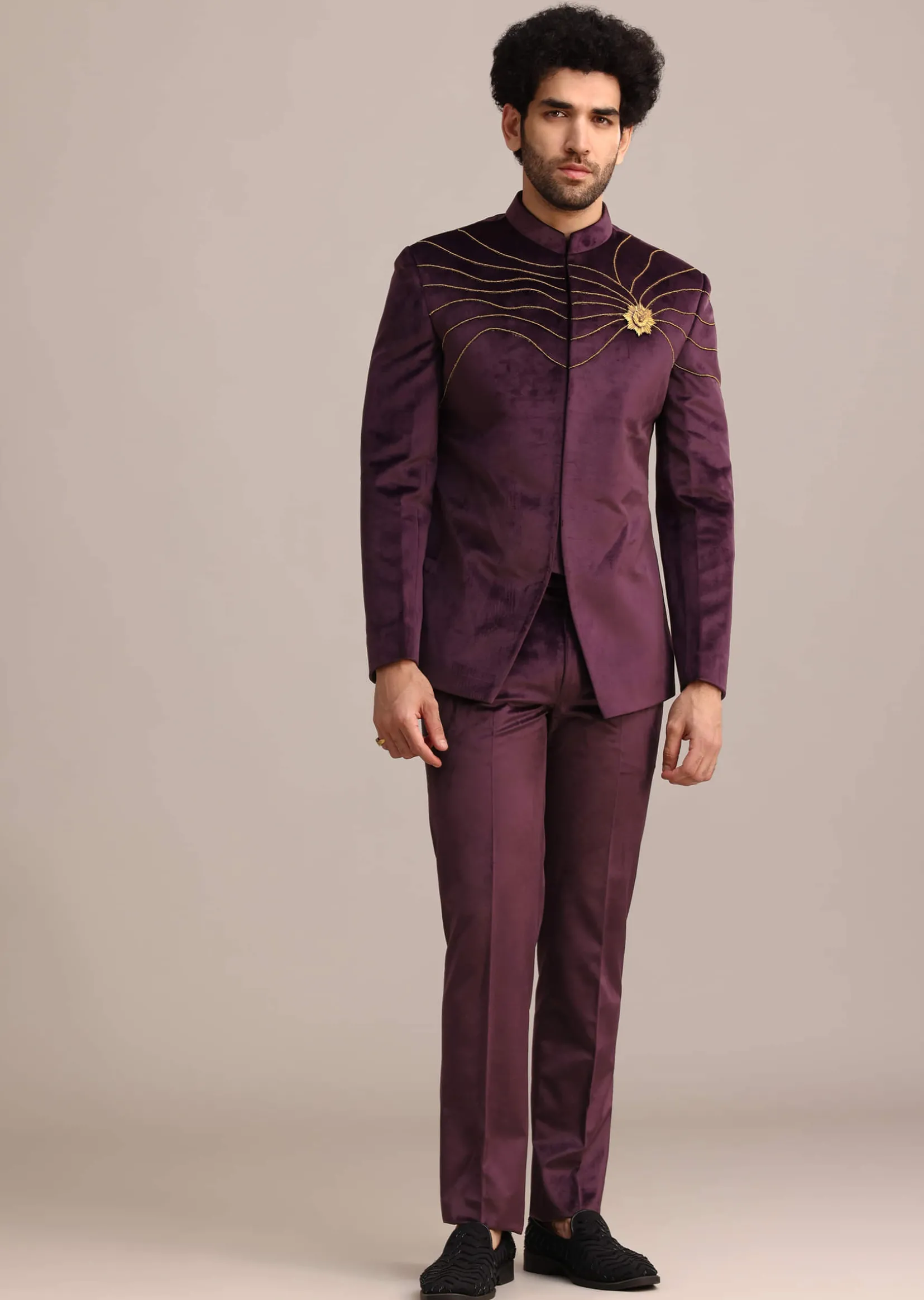 Wine Suede Jodhpuri Set With Patch Work