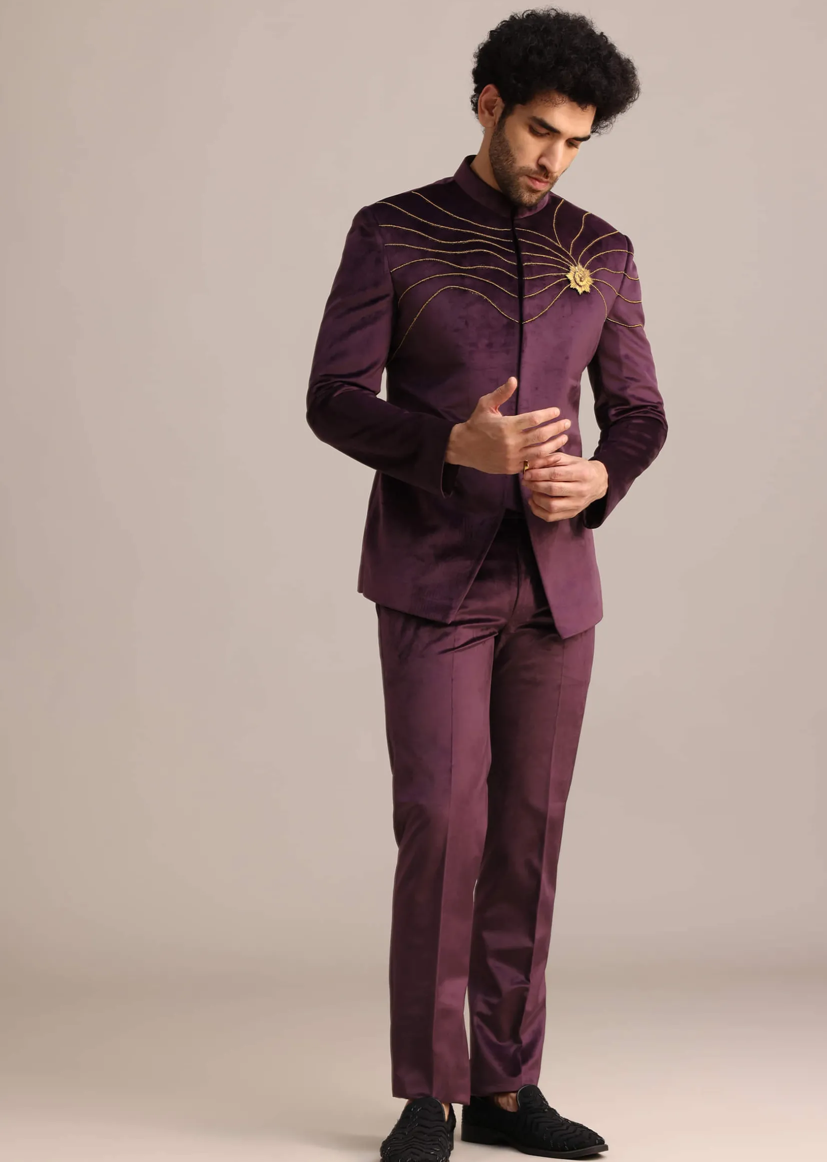 Wine Suede Jodhpuri Set With Patch Work
