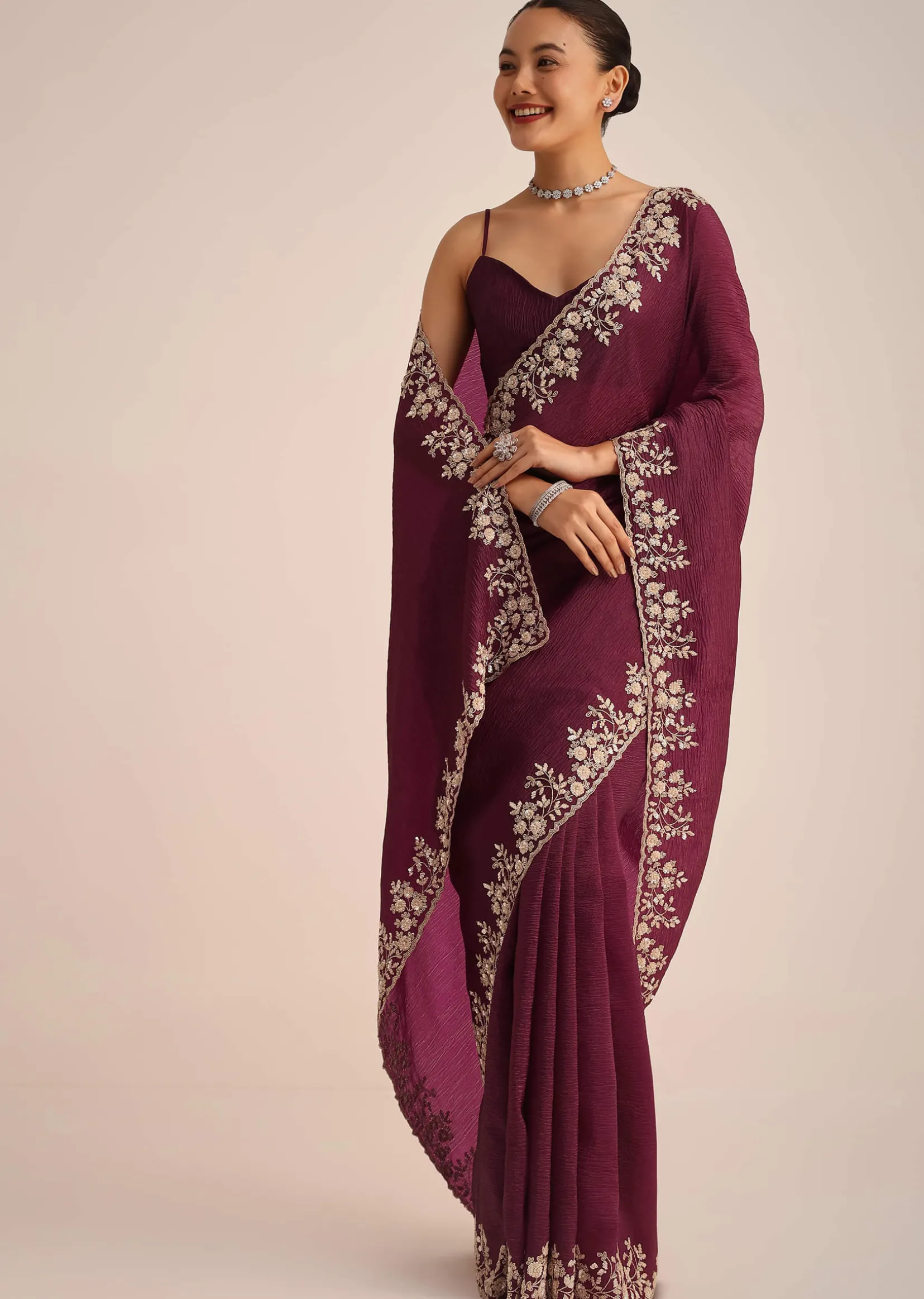 Wine Tissue Saree With Sequin And Cutdana Border And Unstitched Blouse