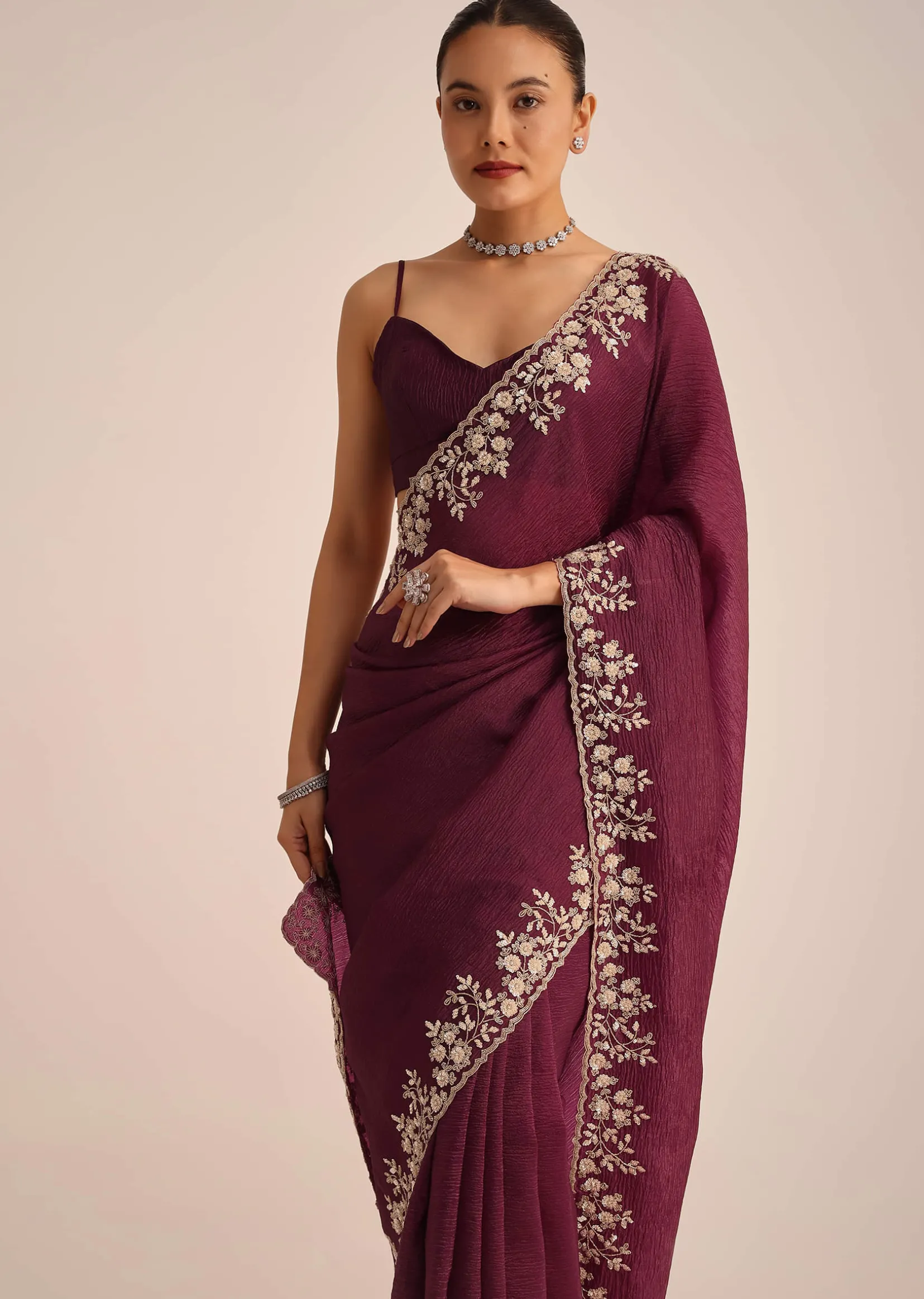 Wine Tissue Saree With Sequin And Cutdana Border And Unstitched Blouse