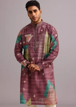 Wine Tussar Silk Printed Kurta Set