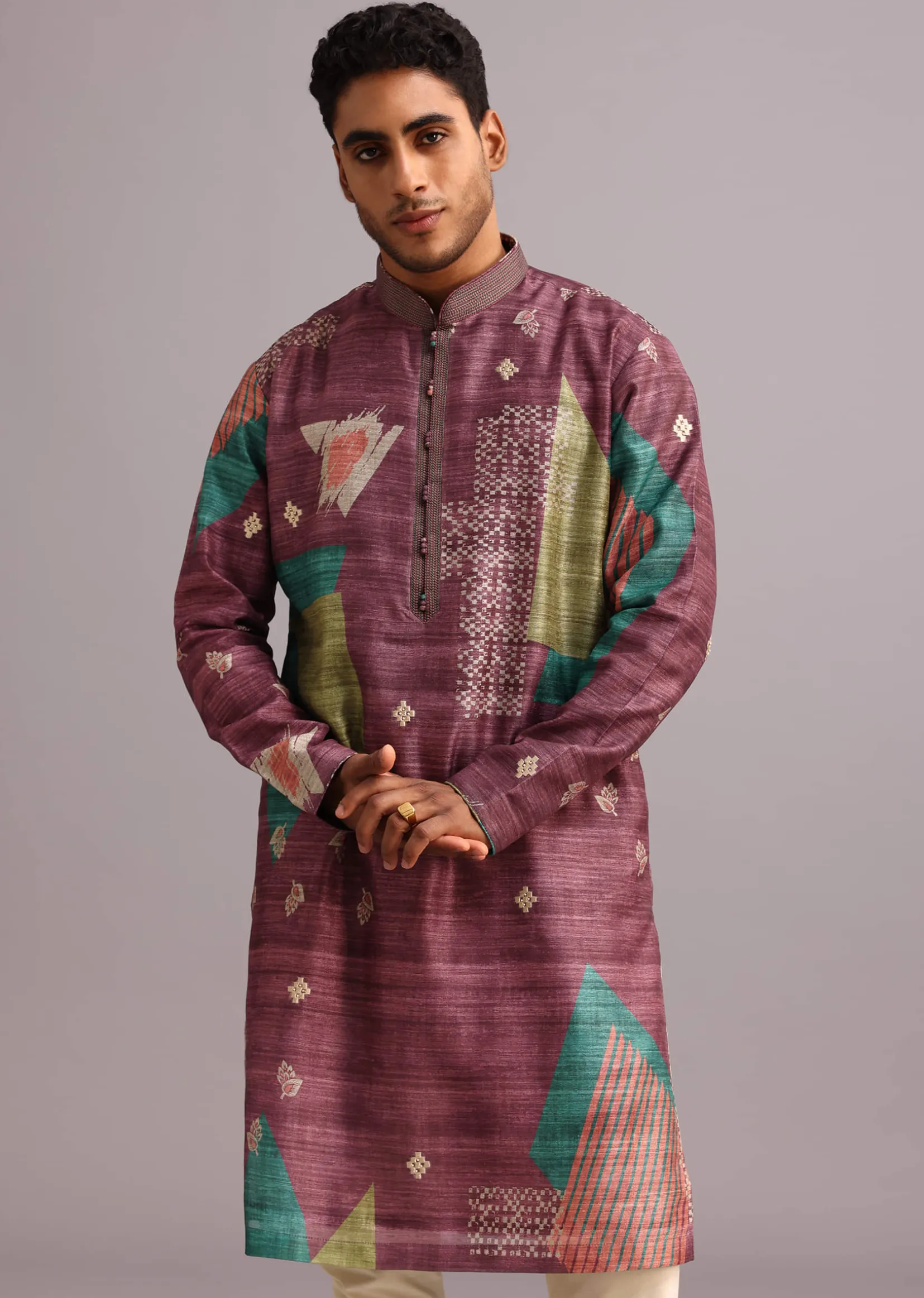 Wine Tussar Silk Printed Kurta Set