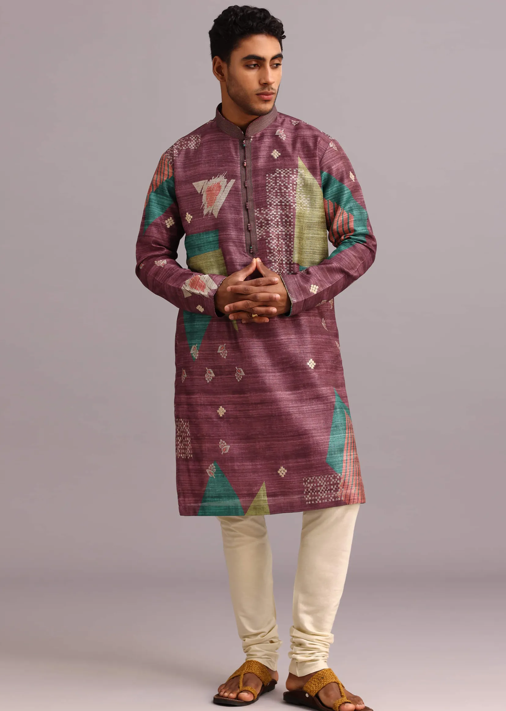 Wine Tussar Silk Printed Kurta Set