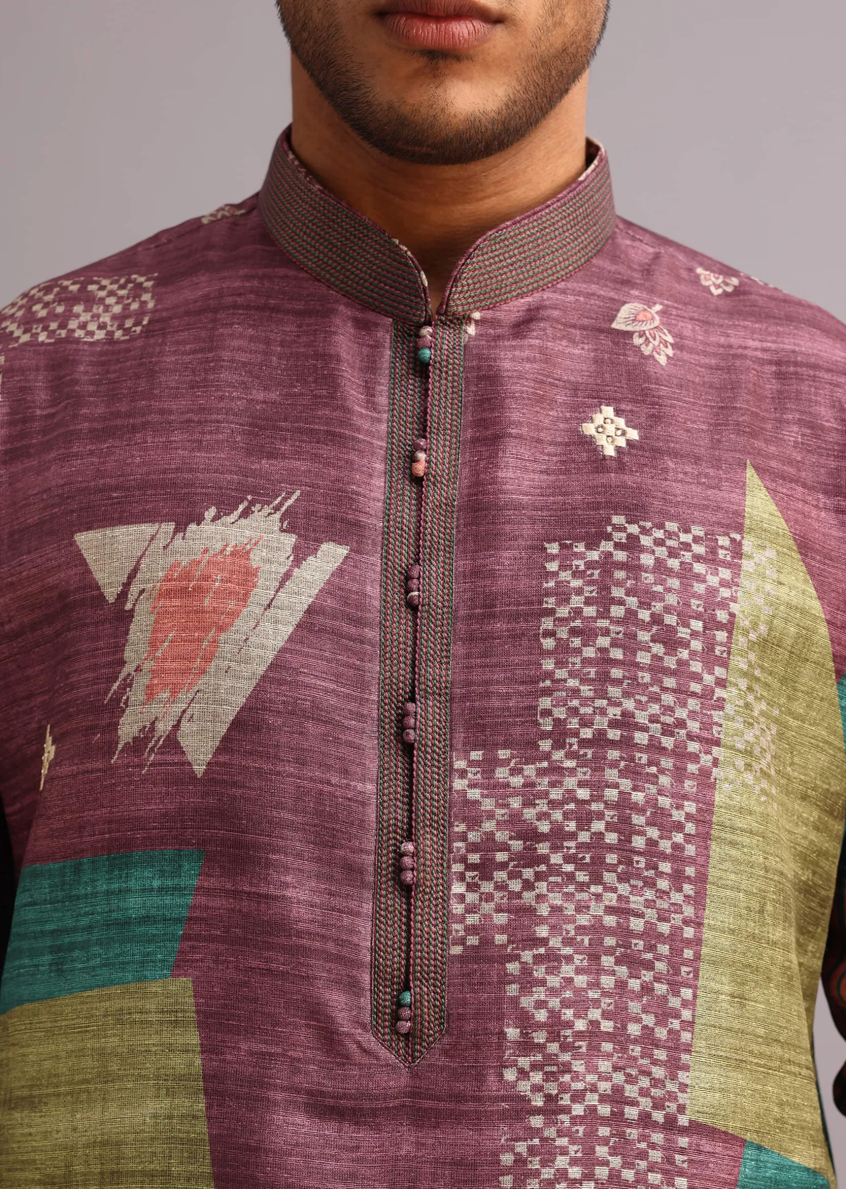 Wine Tussar Silk Printed Kurta Set