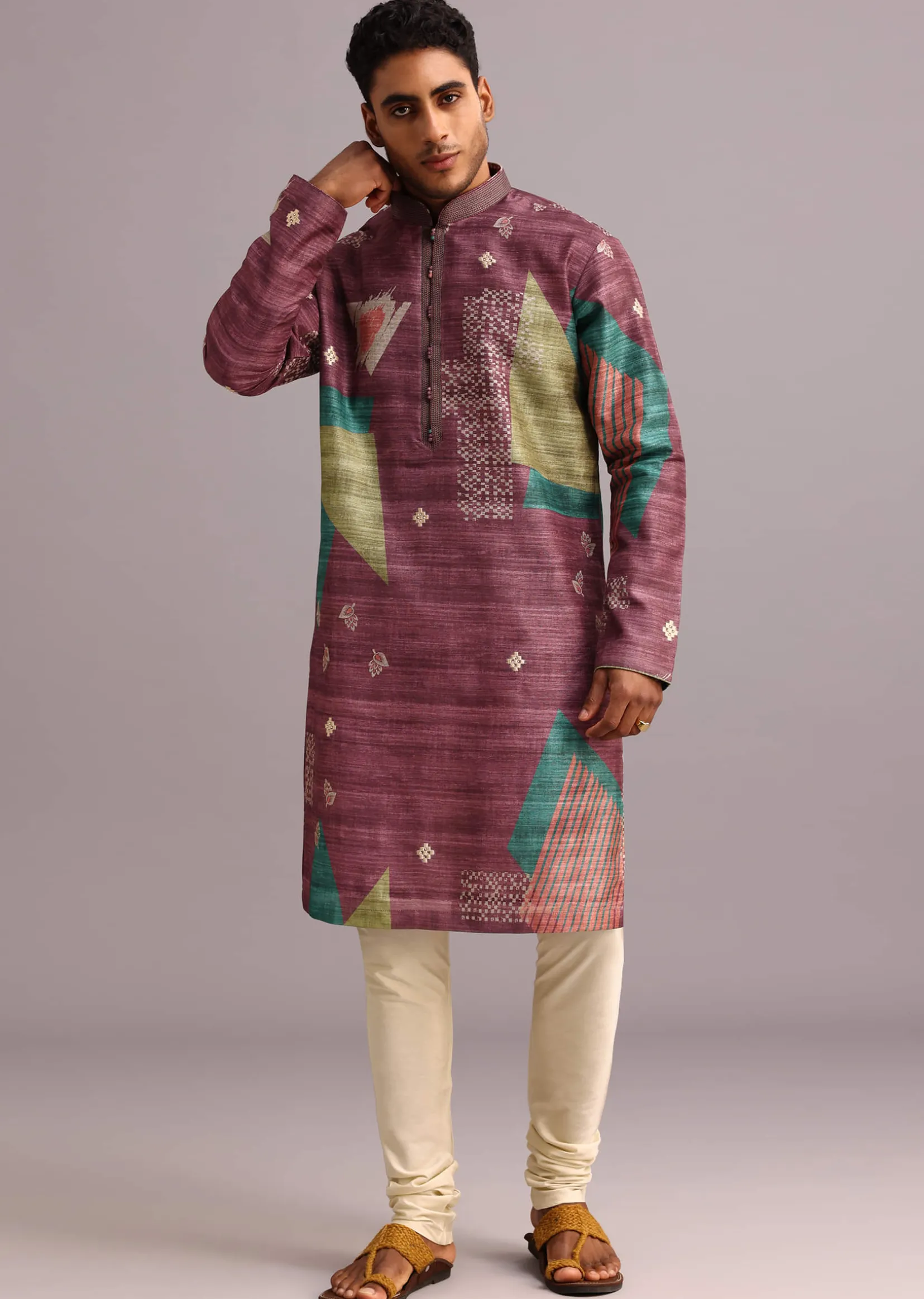 Wine Tussar Silk Printed Kurta Set