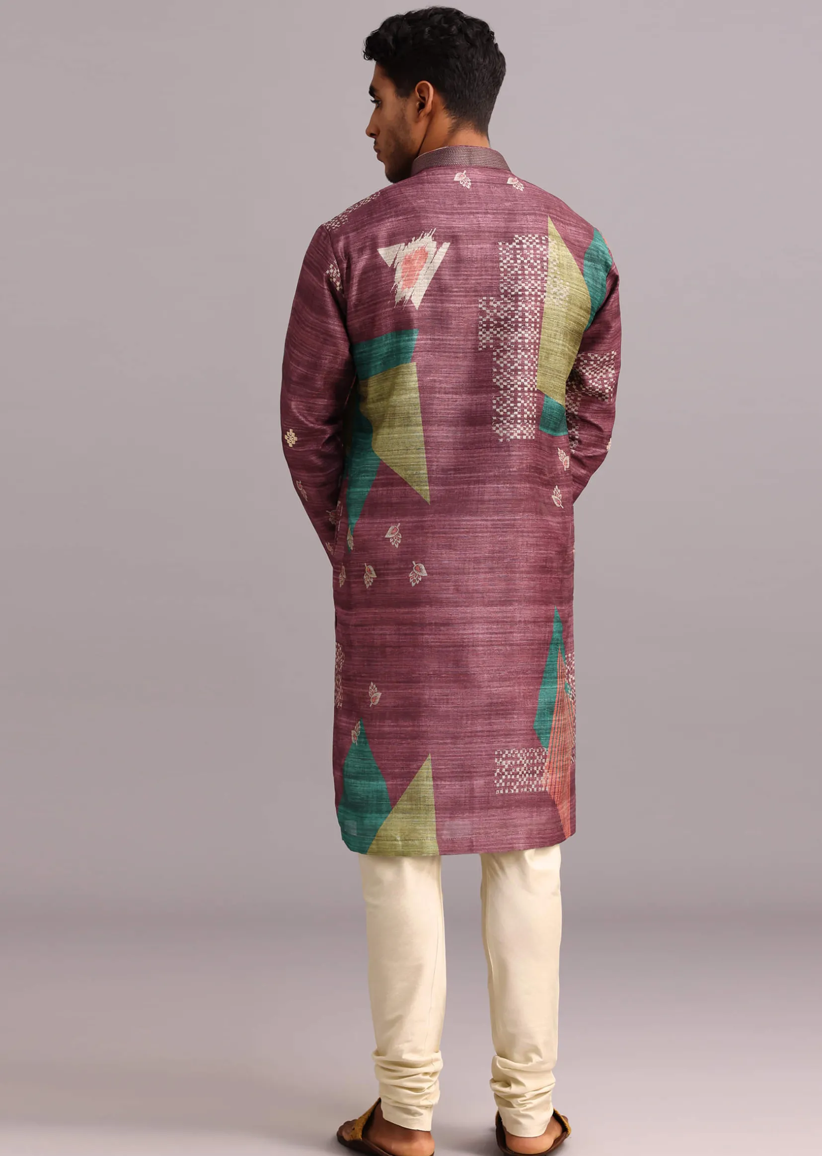 Wine Tussar Silk Printed Kurta Set