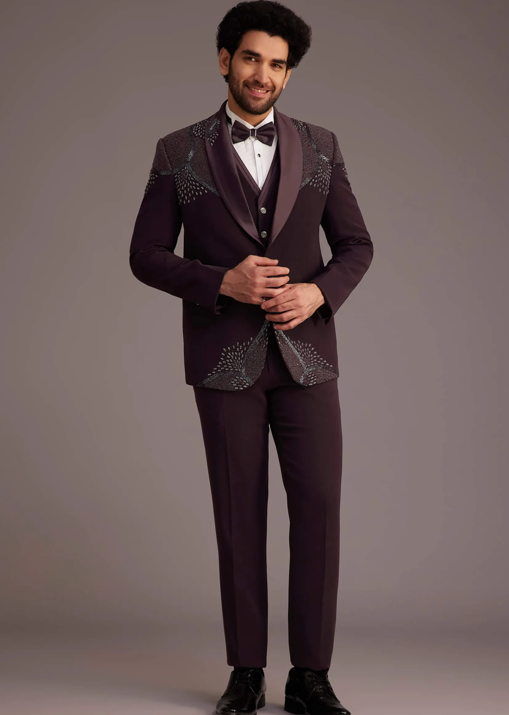 Wine Tuxedo With Beaded Detailing And Satin Peak Lapel