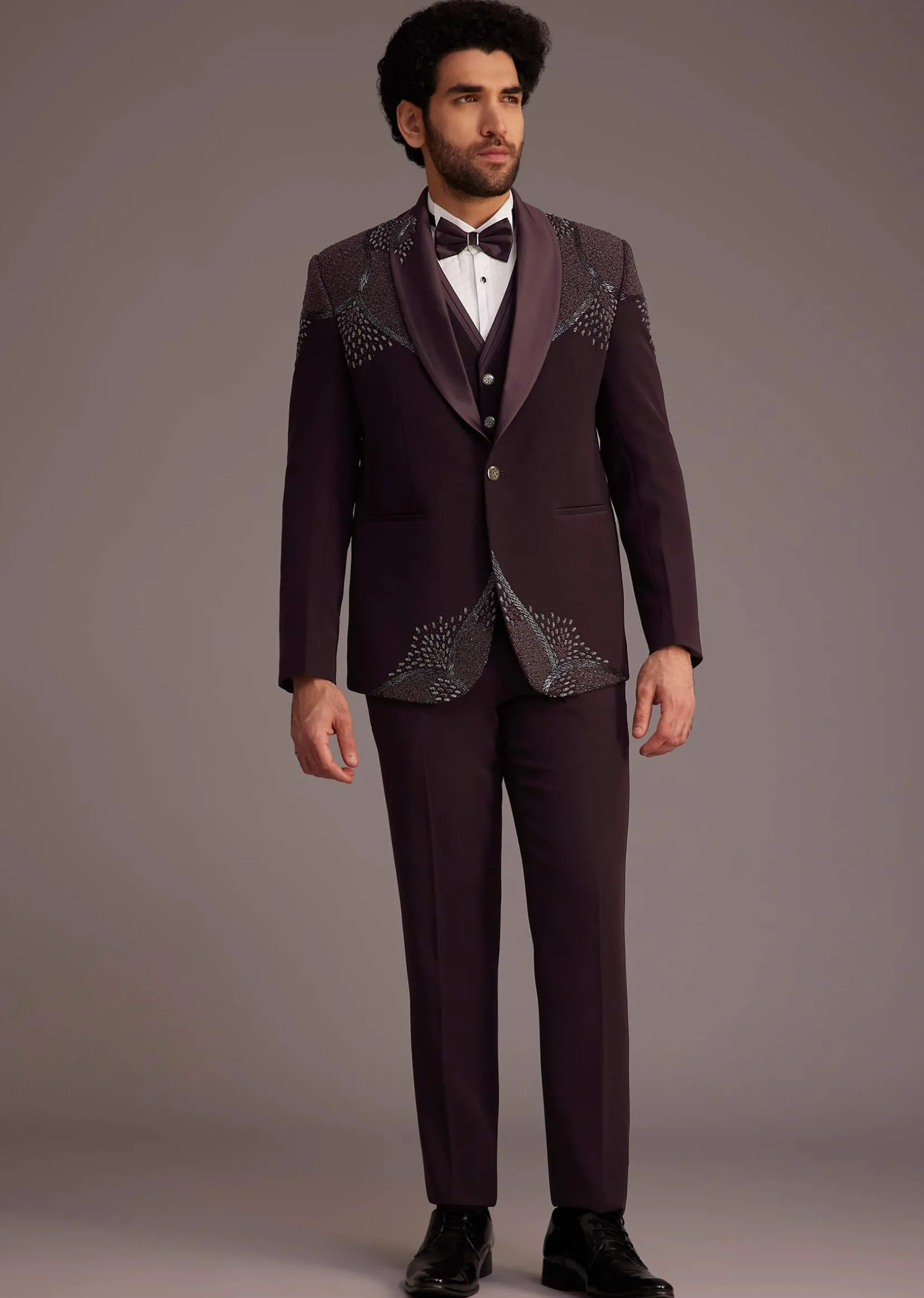 Wine Tuxedo With Beaded Detailing And Satin Peak Lapel