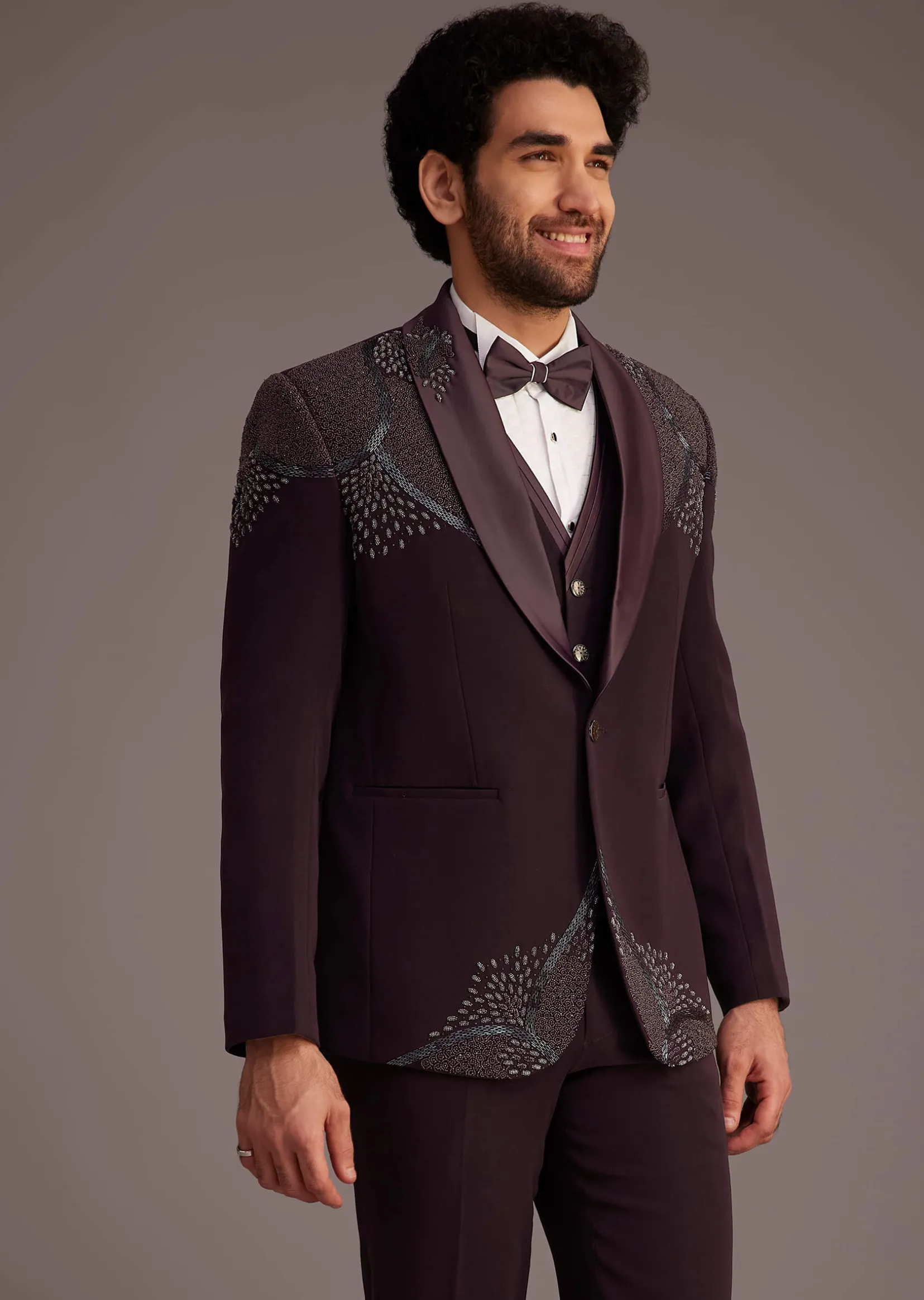 Wine Tuxedo With Beaded Detailing And Satin Peak Lapel