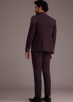 Wine Tuxedo With Beaded Detailing And Satin Peak Lapel