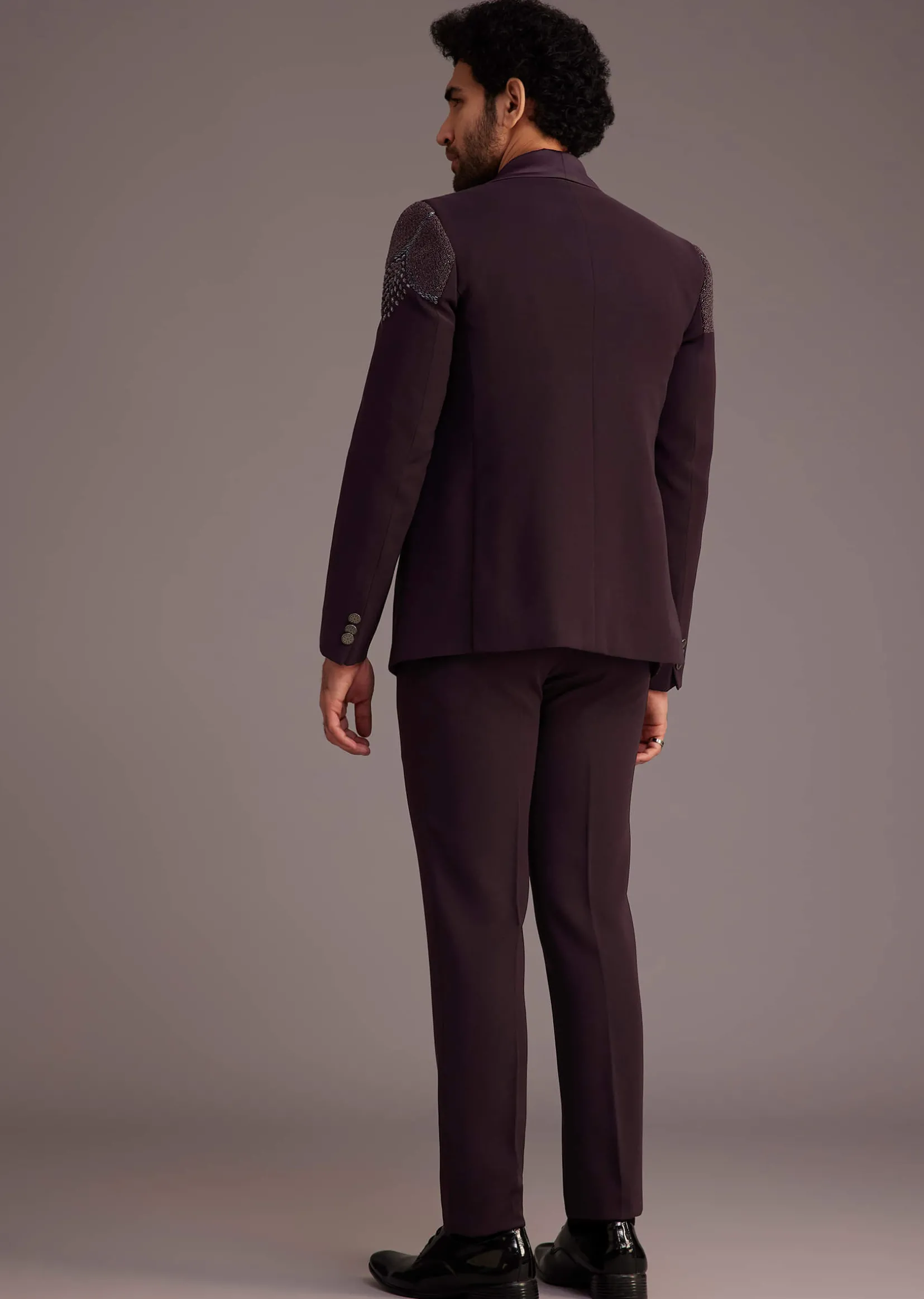 Wine Tuxedo With Beaded Detailing And Satin Peak Lapel