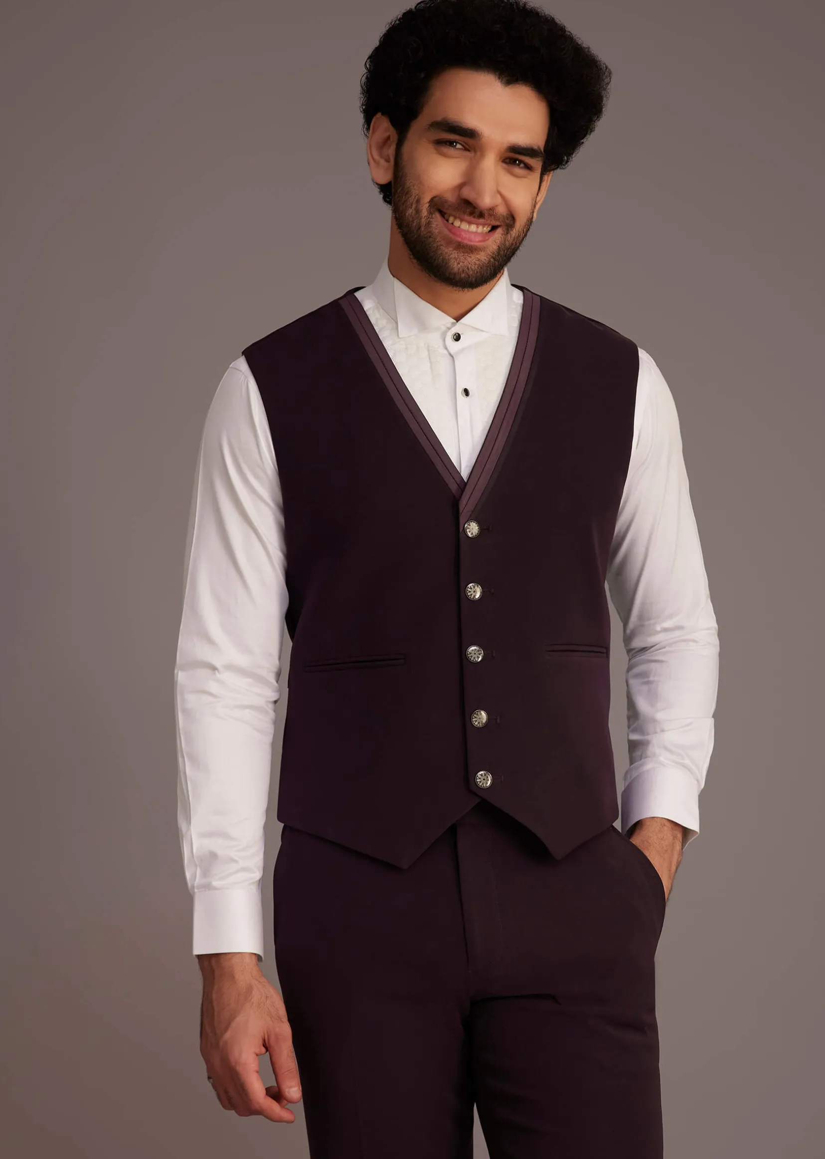 Wine Tuxedo With Beaded Detailing And Satin Peak Lapel