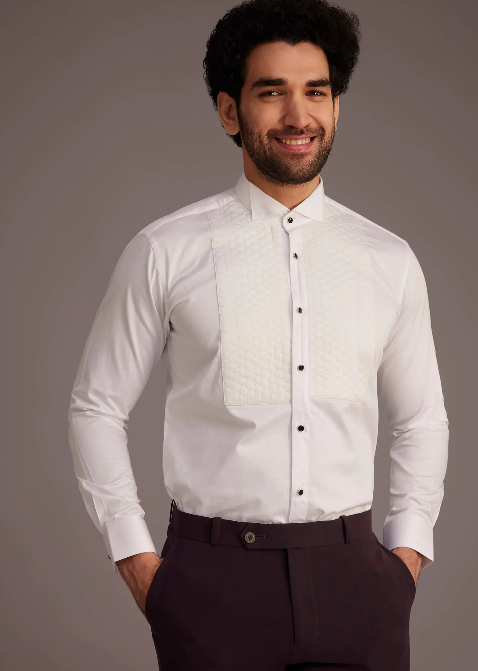 Wine Tuxedo With Beaded Detailing And Satin Peak Lapel