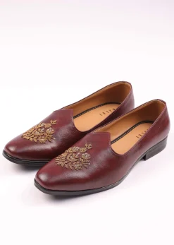 Wine Vegan Leather Jutti With Zardosi Work