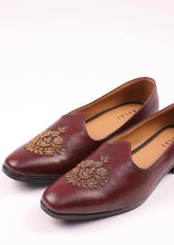 Wine Vegan Leather Jutti With Zardosi Work