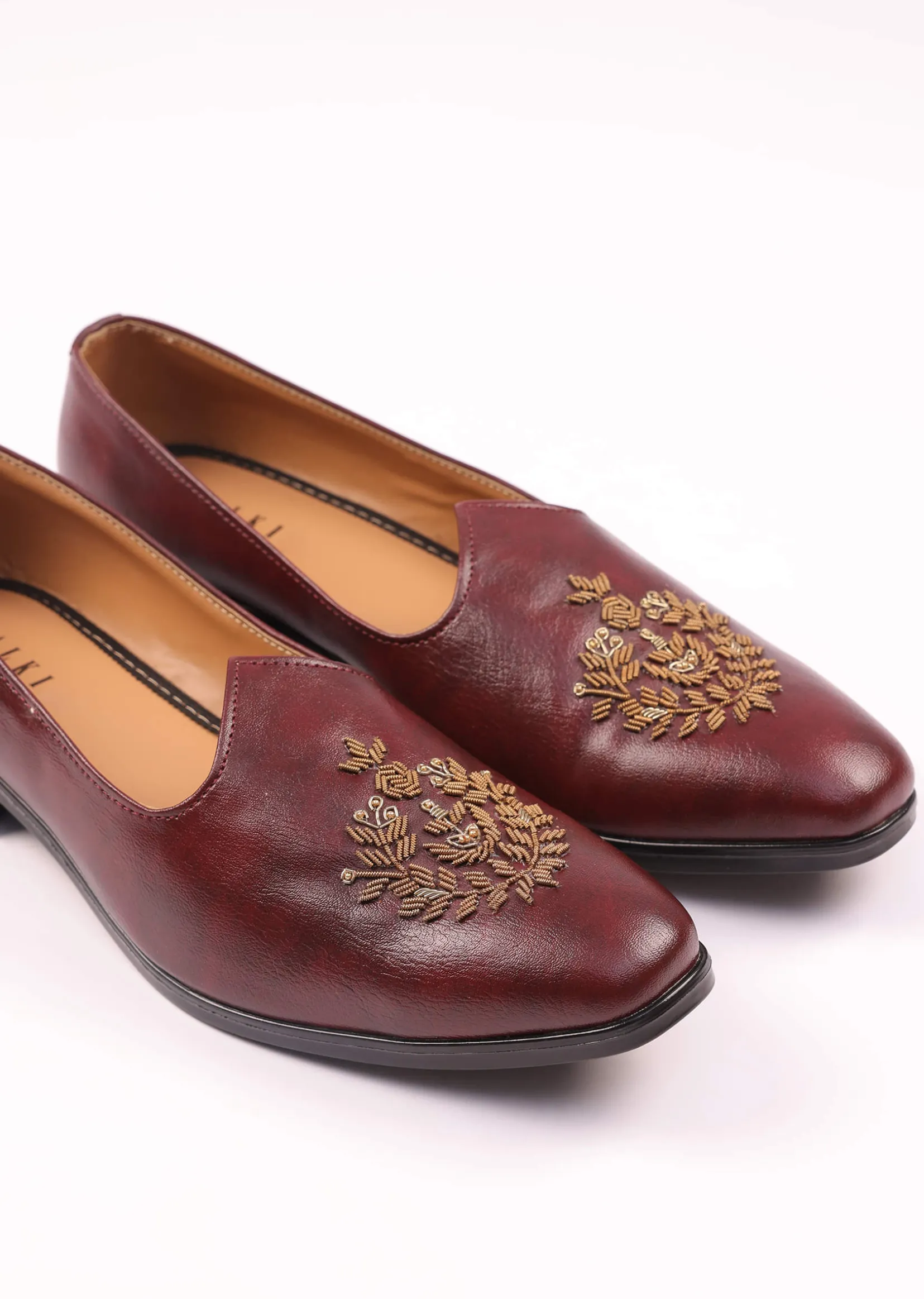 Wine Vegan Leather Jutti With Zardosi Work
