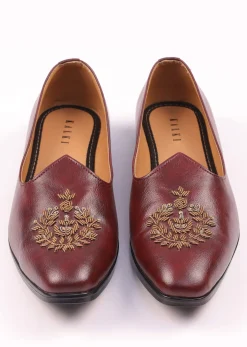 Wine Vegan Leather Jutti With Zardosi Work