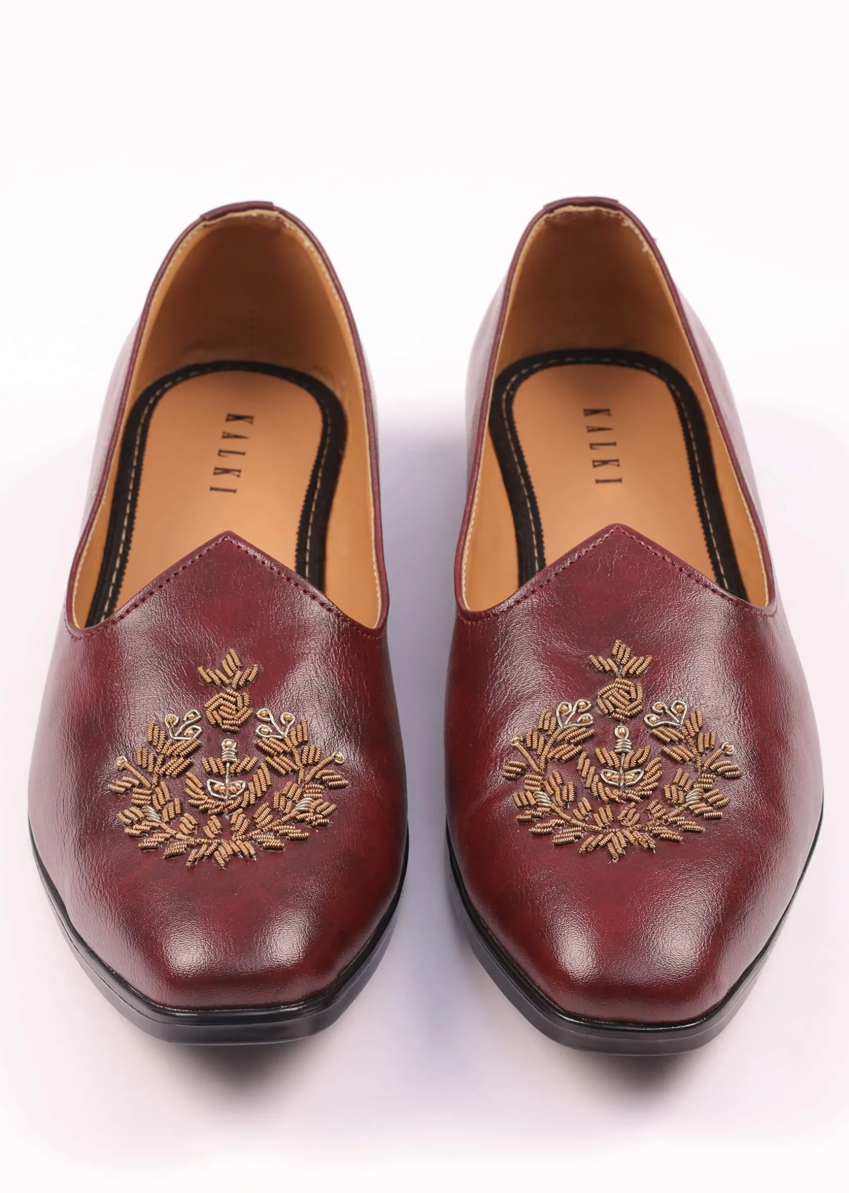 Wine Vegan Leather Jutti With Zardosi Work