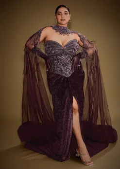 Wine Velvet Corset Set With Drape Skirt And Embroidered Cape