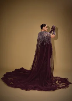 Wine Velvet Corset Set With Drape Skirt And Embroidered Cape