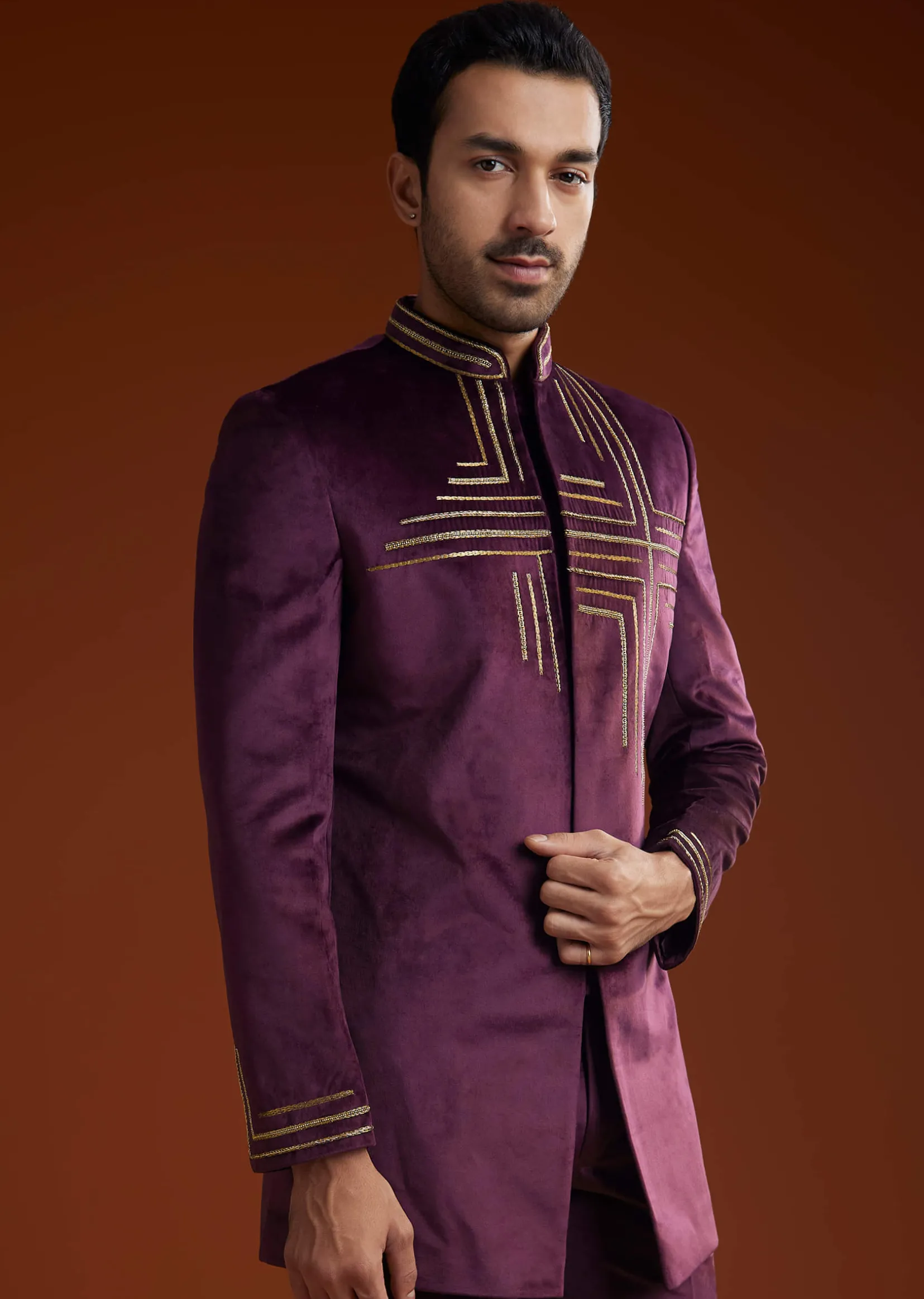Wine Velvet Jodhpuri Kurta Trouser Set With Zari Embroidery