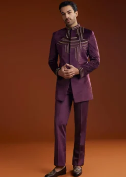 Wine Velvet Jodhpuri Kurta Trouser Set With Zari Embroidery