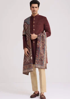 Wine Velvet Nawabi Set With Printed Pashmina Dupatta