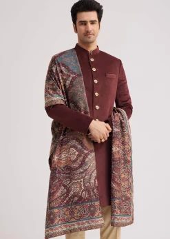 Wine Velvet Nawabi Set With Printed Pashmina Dupatta