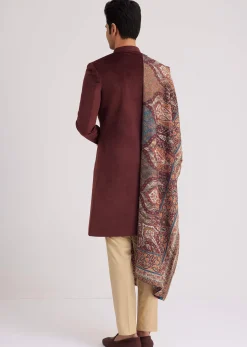 Wine Velvet Nawabi Set With Printed Pashmina Dupatta
