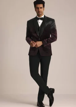 Wine Velvet Suit Set With Zardosi Detailing
