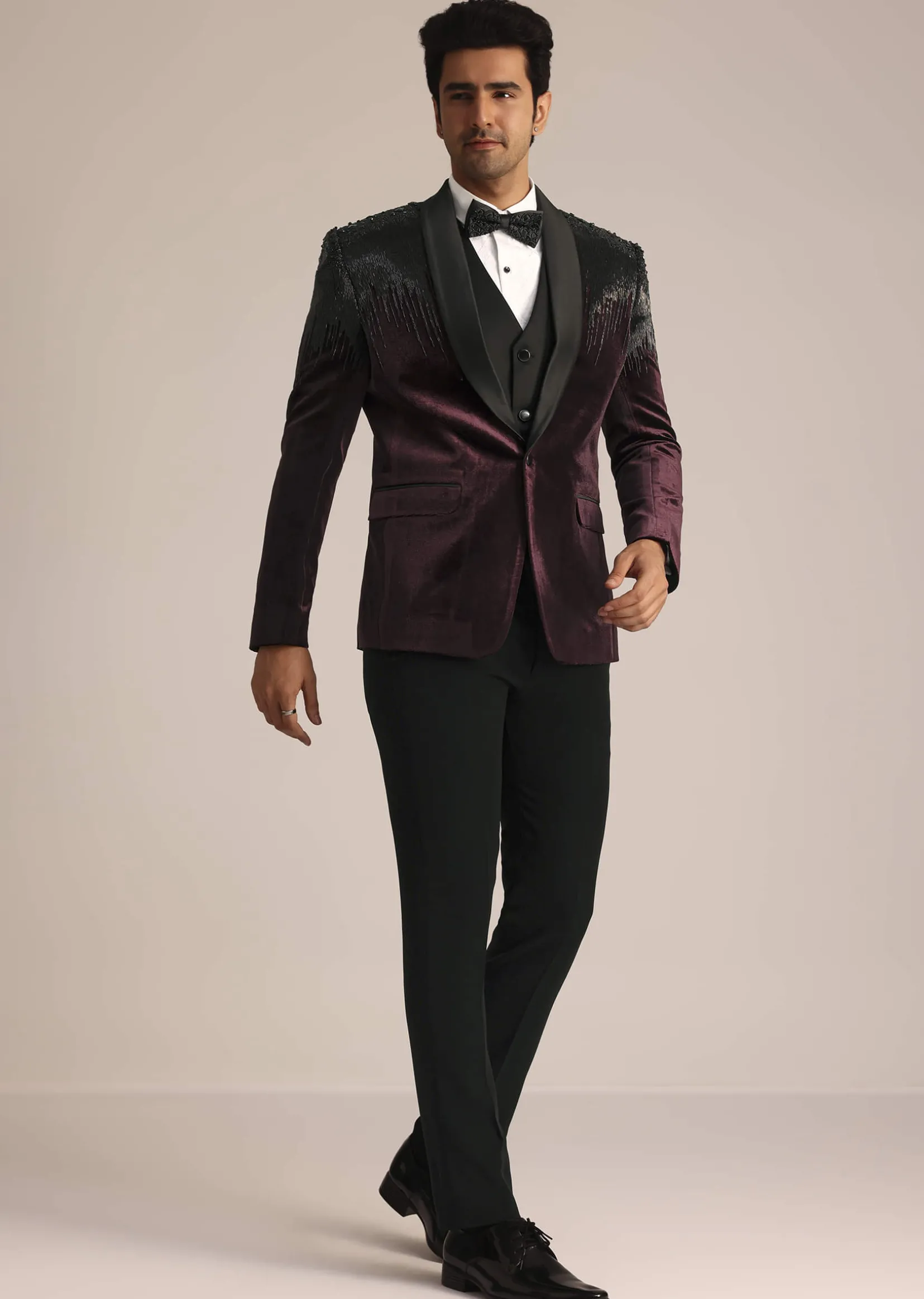 Wine Velvet Suit Set With Zardosi Detailing