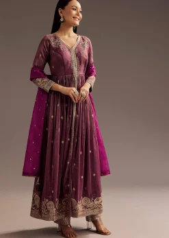 Wine Zardosi Sequins Anarkali Pant Dupatta Set